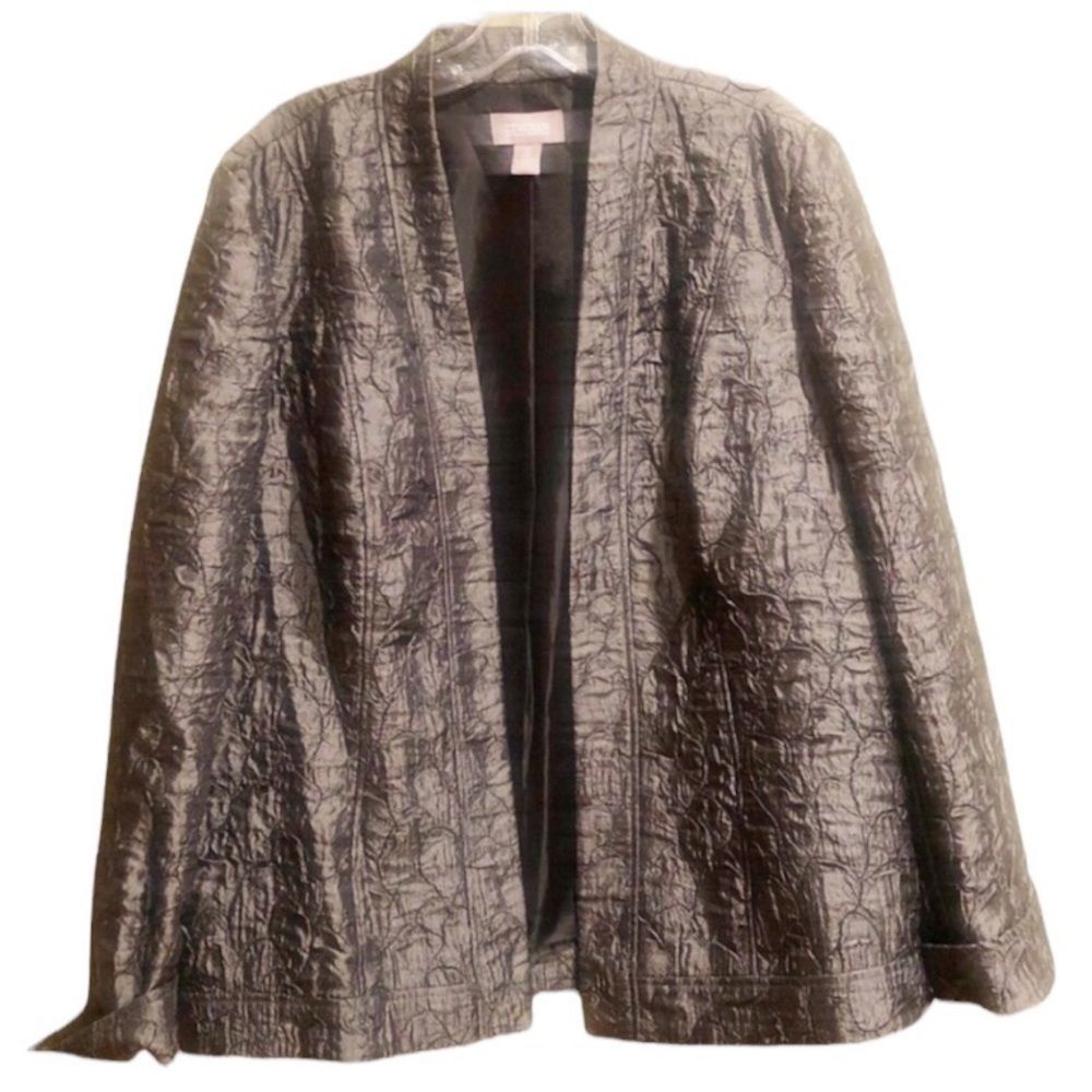 CHICOS Blazer Jacket Grey Metallic Textured Open Front Long Sleeve Size L